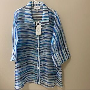 Joseph Ribkoff women's shirt size 18 vintage striped semi sheer blouse blue